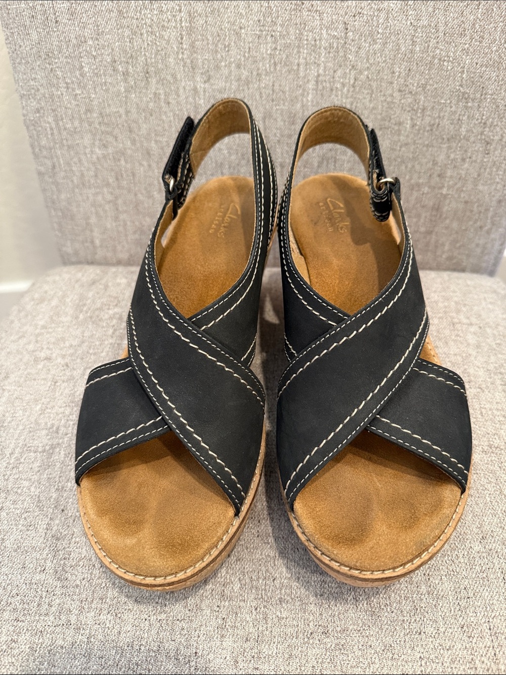 Clarks Aisley Tulip Black Nubuck Leather Crossover Wedge Sandals - 8.5 M